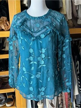 INDIGO THREAD CO.  Teal Embroidered Women’s Blouse/Top